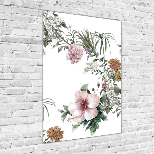 Cuadro decorativo en cristal con canto pulido vertical flores tropicales