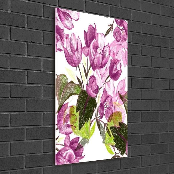 Fotocuadro de cristal elegante para hogar vertical flores moradas