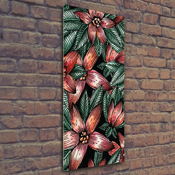 Cuadro de cristal moderno efecto brillo vertical flores tropicales