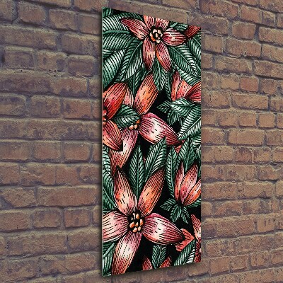 Cuadro de cristal moderno efecto brillo vertical flores tropicales