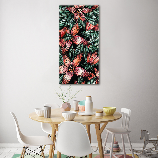 Cuadro de cristal moderno efecto brillo vertical flores tropicales