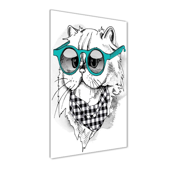 Cuadro decorativo en cristal con canto pulido vertical Gato con gafas