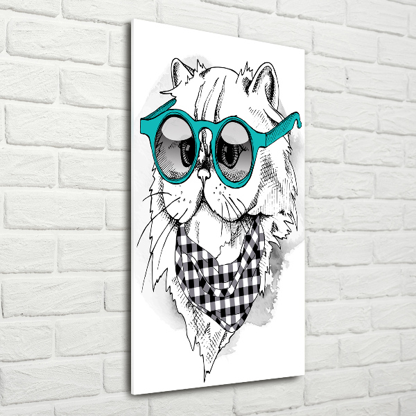 Cuadro decorativo en cristal con canto pulido vertical Gato con gafas