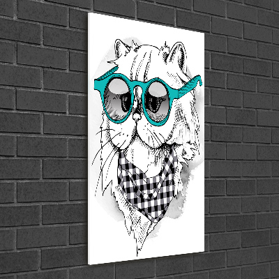 Cuadro decorativo en cristal con canto pulido vertical Gato con gafas