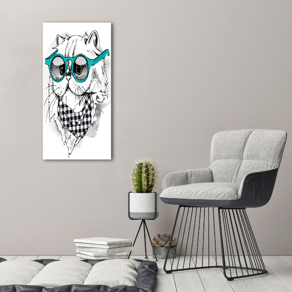 Cuadro decorativo en cristal con canto pulido vertical Gato con gafas