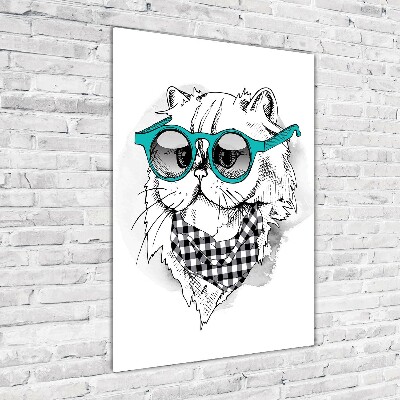 Cuadro decorativo en cristal con canto pulido vertical Gato con gafas
