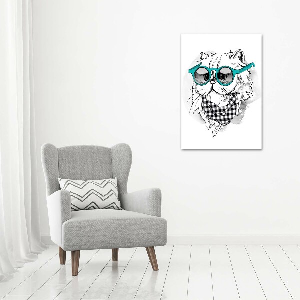 Cuadro decorativo en cristal con canto pulido vertical Gato con gafas