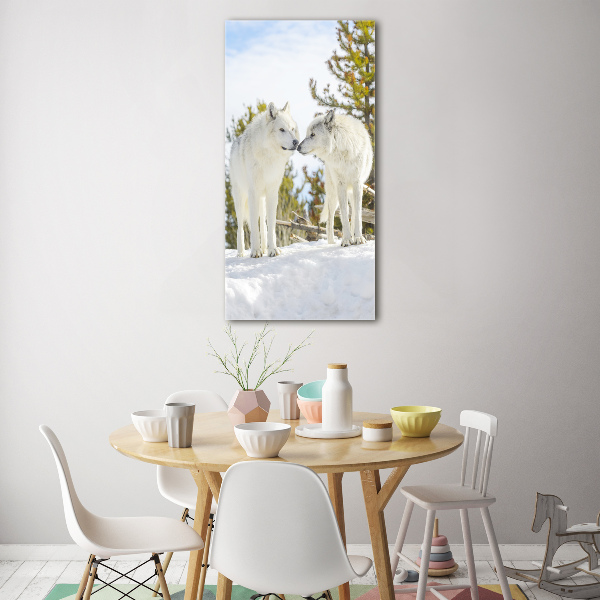 Fotocuadro de cristal elegante para hogar vertical Dos lobos blancos
