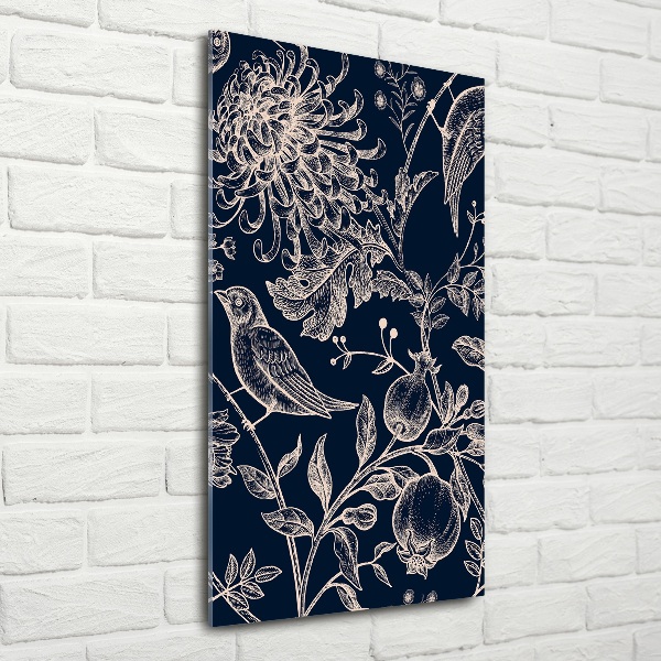 Cuadro de vidrio templado 4mm para pared vertical Flores y pájaros