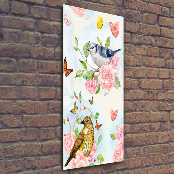 Cuadro decorativo en cristal con canto pulido vertical Pájaros mariposas rosas