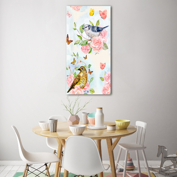 Cuadro decorativo en cristal con canto pulido vertical Pájaros mariposas rosas