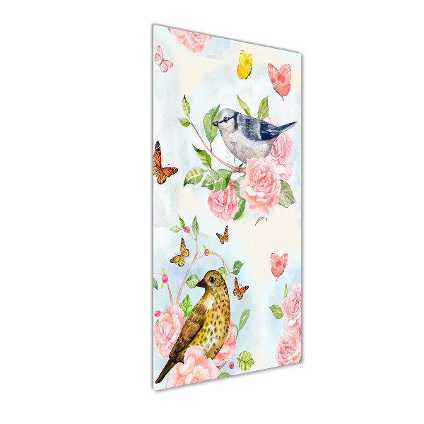 Cuadro decorativo en cristal con canto pulido vertical Pájaros mariposas rosas