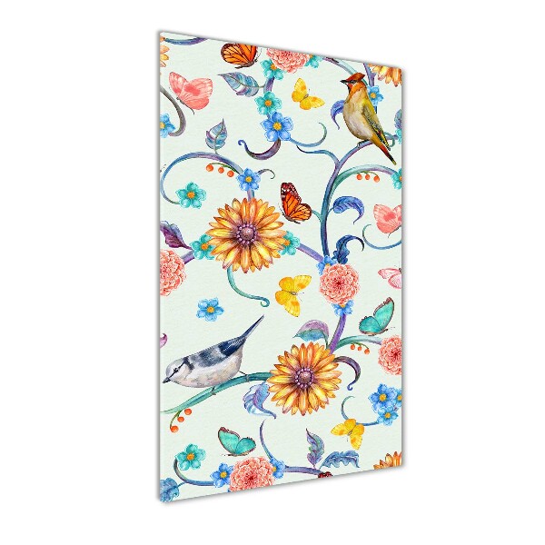 Cuadro de vidrio templado 4mm para pared vertical Pájaros mariposas flores