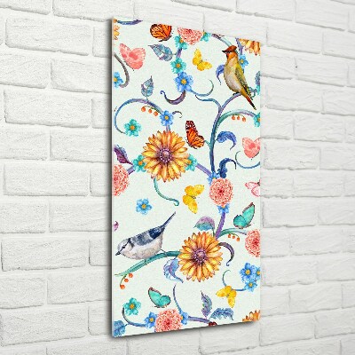Cuadro de vidrio templado 4mm para pared vertical Pájaros mariposas flores