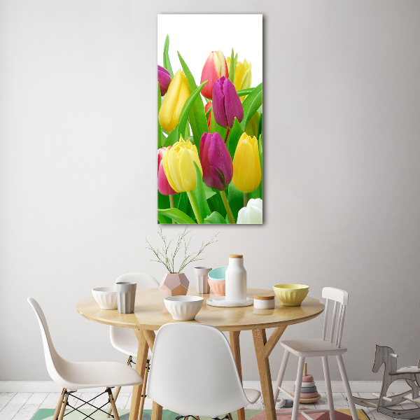 Cuadro de vidrio templado 4mm para pared vertical tulipanes coloridos