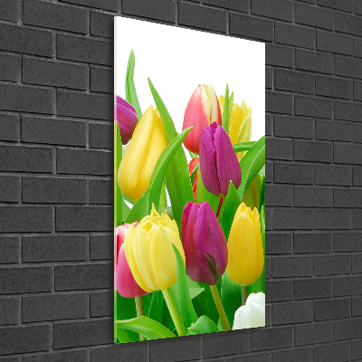 Cuadro de vidrio templado 4mm para pared vertical tulipanes coloridos