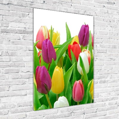 Cuadro de vidrio templado 4mm para pared vertical tulipanes coloridos