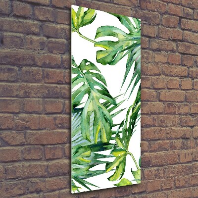 Cuadro decorativo en cristal con canto pulido vertical hojas tropicales