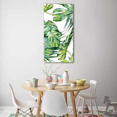 Cuadro decorativo en cristal con canto pulido vertical hojas tropicales