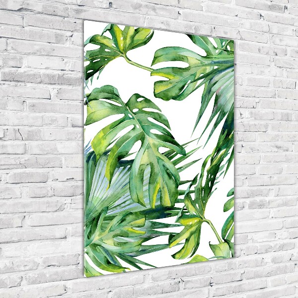 Cuadro decorativo en cristal con canto pulido vertical hojas tropicales