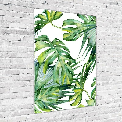 Cuadro decorativo en cristal con canto pulido vertical hojas tropicales