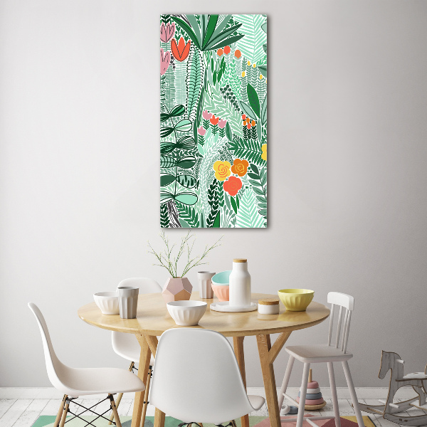 Cuadro decorativo en cristal con canto pulido vertical flores tropicales