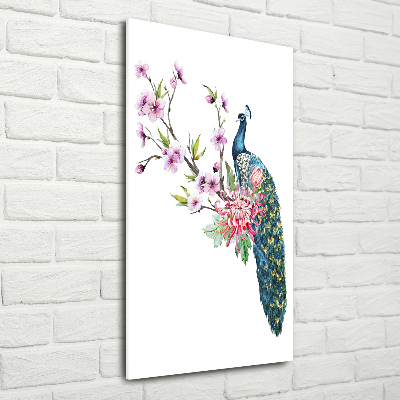 Cuadro de vidrio templado 4mm para pared vertical Pavo real y flores