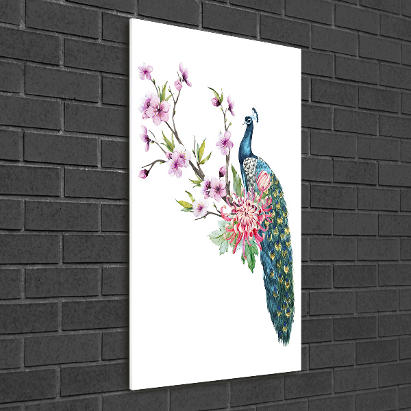 Cuadro de vidrio templado 4mm para pared vertical Pavo real y flores