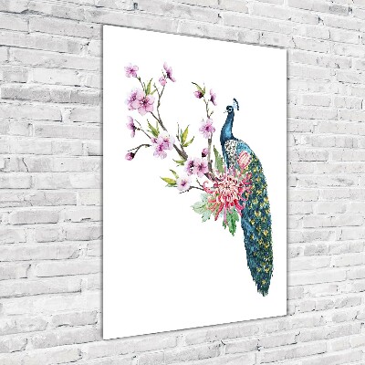Cuadro de vidrio templado 4mm para pared vertical Pavo real y flores