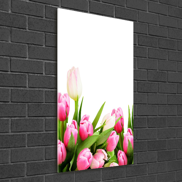 Fotocuadro de cristal elegante para hogar vertical tulipanes rosados