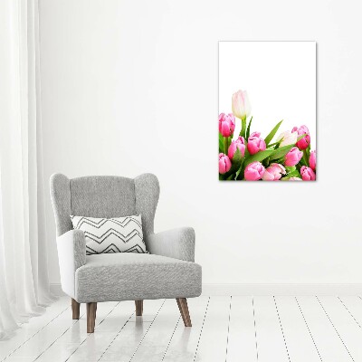 Fotocuadro de cristal elegante para hogar vertical tulipanes rosados