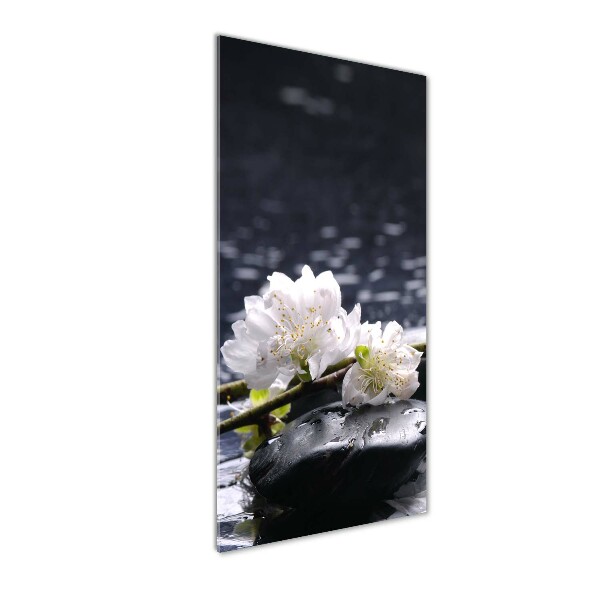 Cuadro decorativo en cristal con canto pulido vertical Flores y piedras