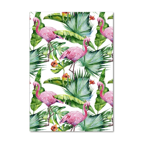 Cuadro de cristal moderno efecto brillo vertical Hojas y flamencos