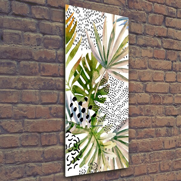 Cuadro decorativo en cristal con canto pulido vertical hojas tropicales