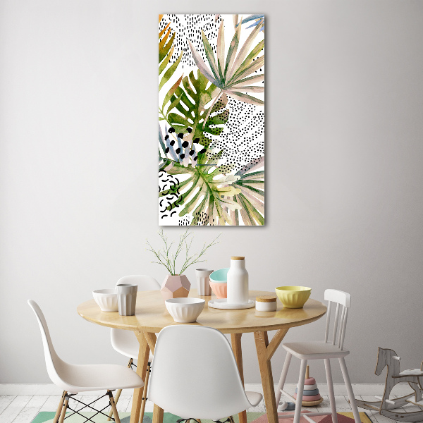 Cuadro decorativo en cristal con canto pulido vertical hojas tropicales
