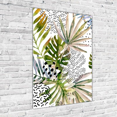 Cuadro decorativo en cristal con canto pulido vertical hojas tropicales