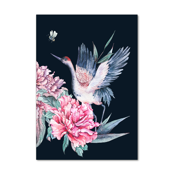 Cuadro decorativo en cristal con canto pulido vertical Grullas y peonías