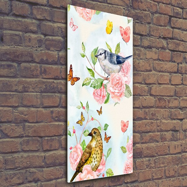 Cuadro de vidrio templado 4mm para pared vertical Pájaros mariposas flores