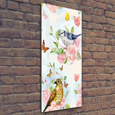 Cuadro de vidrio templado 4mm para pared vertical Pájaros mariposas flores