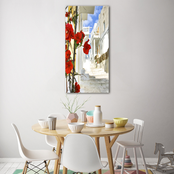 Cuadro de cristal moderno efecto brillo vertical Mykonos, Grecia