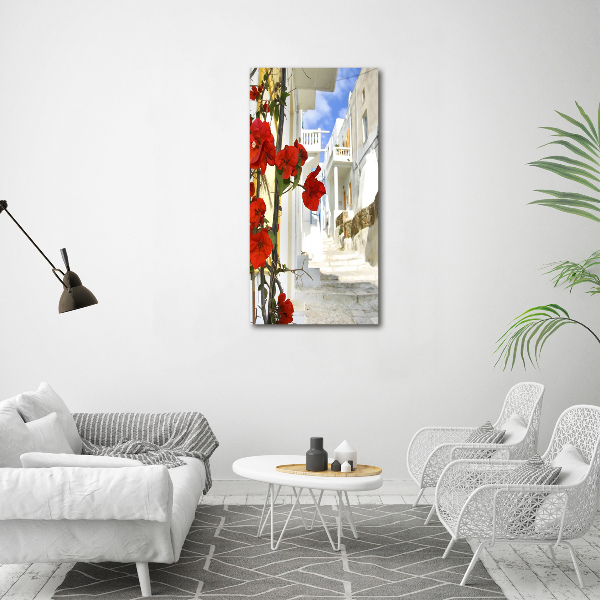 Cuadro de cristal moderno efecto brillo vertical Mykonos, Grecia