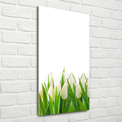 Cuadro de cristal moderno efecto brillo vertical tulipanes blancos