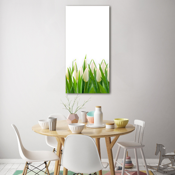 Cuadro de cristal moderno efecto brillo vertical tulipanes blancos
