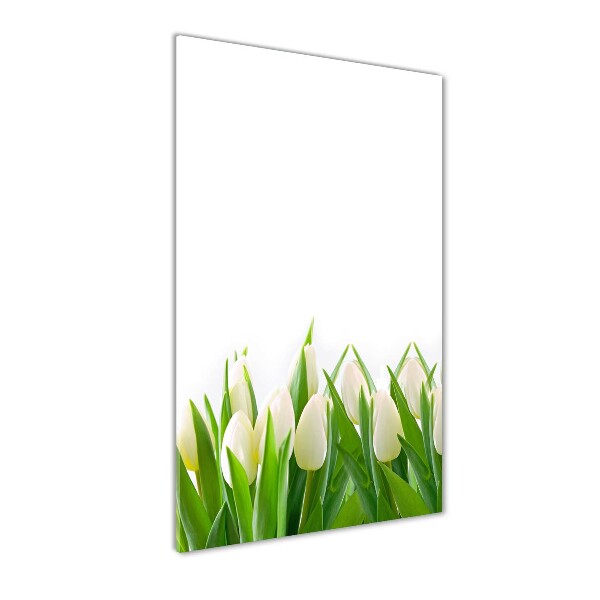 Cuadro de cristal moderno efecto brillo vertical tulipanes blancos
