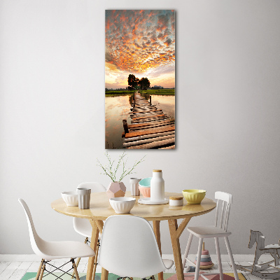 Fotocuadro de cristal elegante para hogar vertical Puente de madera