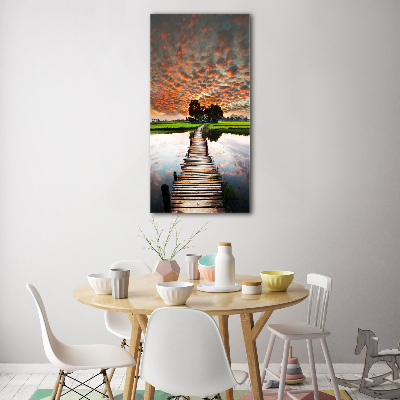 Fotocuadro de cristal elegante para hogar vertical Puente de madera