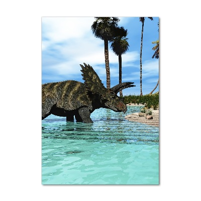 Cuadro decorativo en cristal con canto pulido vertical Dinosaurios en la playa