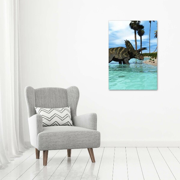 Cuadro decorativo en cristal con canto pulido vertical Dinosaurios en la playa