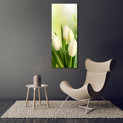 Cuadro de cristal moderno efecto brillo vertical tulipanes blancos