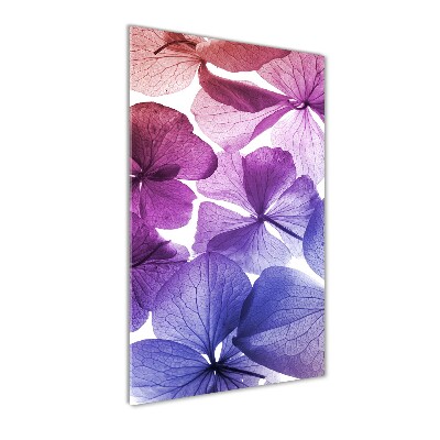 Cuadro decorativo en cristal con canto pulido vertical flores moradas